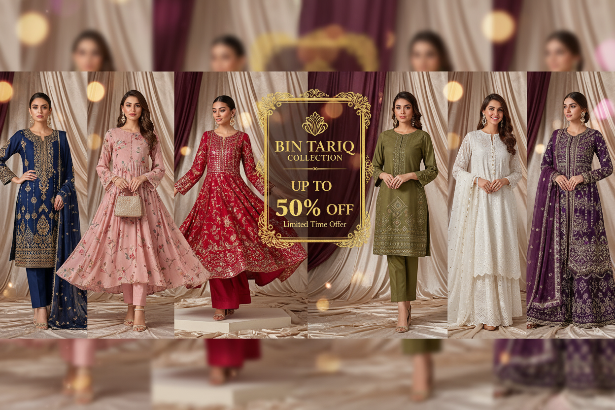 CAN YOU GENERATE A BANNER FOR MY STORE NAME BIN TARIQ COLLECTION  INCLUDE SOME LADIES SUIT'S MODLE PIC'S WITH ATTRECTIVE BACKGROUND LIKE A PROFFASSIONAL INCLUDE ONE MORE THING (UPTO 50%) 